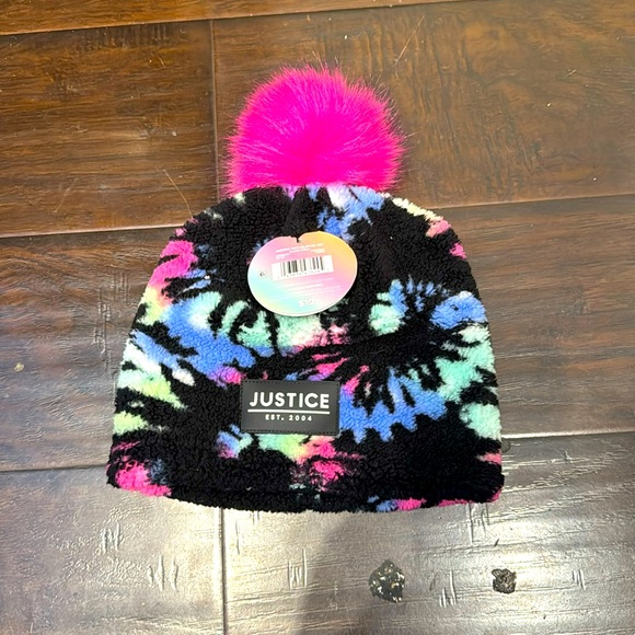 Justice Black Multi Color Beanie w/ pink faux fur pom pom NEW NWT Tween Teenager - Picture 1 of 7